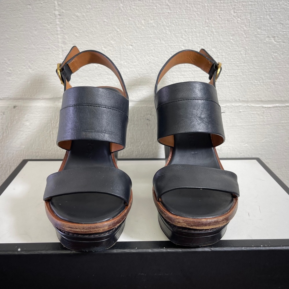 Tory Burch Selby Black Leather Wedge Sandals Ankle Strap Women's US 5.5 M - Picture 3 of 12